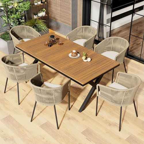 Dolamaní Gartenmöbel Set Outdoor Gartentisch mit Stühlen 6 Personen, Dining Lounge Sitzgruppe mit 6 Sessel und 1 Tisch, Tisch aus Akazienholz, Mit Fußpolstern und Sitzkissen (Beige)