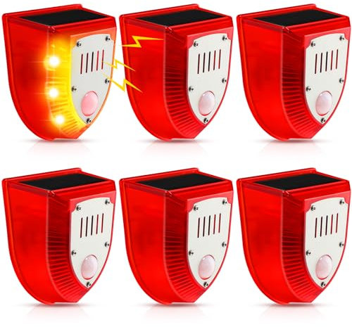 Qualirey 6 Pcs Solar Alarm Motion Detector with Sound Outdoor Motion Sensor 129db Barking Dog Strobe Light Gunshot Sound Alarm Motion Detector Noise Maker Warning Lamp for Home Villa Yard Farm