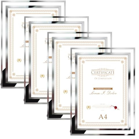Hoikwo Lot de 4 Cadre A4 en Verre, Cadre Photo A4 Orné Argentés, Pour Certificat, Document et Photo de famille, Uniquement pour l'affichage sur Table