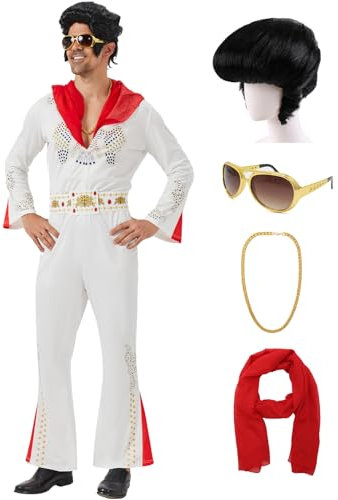 Coseaon Herren 70er Jahre Disco Kostüm Outfit mit Perücke Sonnenbrille Schal Halskette Halloween Karneval Sänger Jumpsuit für Erwachsene (Weiß, M)