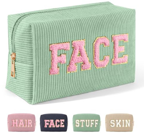 MAGEFY Chenille Letter Kleine Make up Tasche für Handtasche, Cord Kosmetiktasche mit Fächern Cord Schminktasche Reise Make up Tasche für Mädchen Frauen, Grün-FACE
