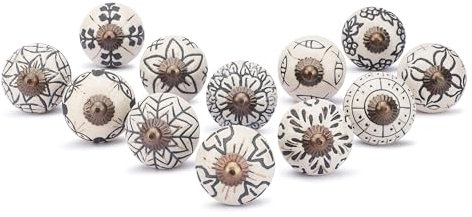 Ajuny Set of 12 Ceramic Knobs Off White Kitchen Cabinet Door and Drawer pulls for Cupboard Furniture Bathroom Dresser Hand Crafted Pottery Decorative Handle Knob