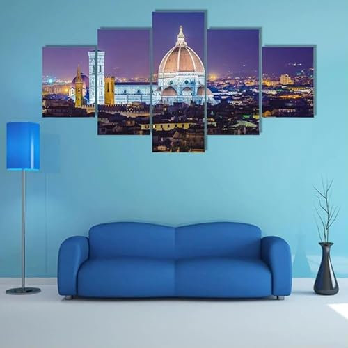 FatAco 5 Paneele Leinwand mit Rahmen Florenz in den Abendstunden Bild Kunstdruck Leinwand Gemälde Wandmalerei Home Office Wohnzimmer Schlafzimmer Dekoration Ready to Hang