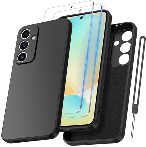 COPIKE Coque Silicone pour Samsung Galaxy S24 FE 5G avec Protection Caméra et 2 Pièces Verre Trempé, [Toucher Soyeux] Housse Doublure Douce en Tissu Microfibre, Noir