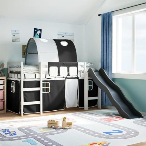 vidaXL Kids' Loft Bed with Slide/Ladder - White/Black Pinewood - 90x190cm - Fun High Sleeper for Children with Safety Guardrails