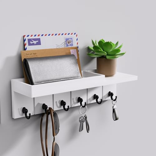 HapiRm Schlüsselbrett Holz Schlüsselboard - Schlüsselhalter für die Wand, Schlüsselhaken Wandmontiert mit 6 Haken, Schlüsselbrett mit Ablage für Briefe, Telefon und Dekorationen für Flur, Büro