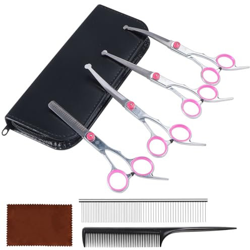 HTTYHT Hundeschere Set Profi Edelstahl Scheren mit Runder Sicherheitsspitze Effilierschere Fellschere Hund Inkl Effilierschere Gebogene Gerade Schere Kammfür Hunde Katzen Tierpflegeschere, Rosa