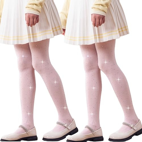 DANUOKU Confezione da 2 collant da bambina con strass scintillanti, leggings da balletto, colore bianco, età 6-12 anni, rosa, 9-10 Years