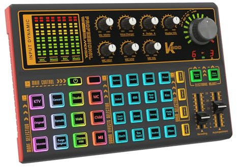 Docooler K300 Live-Soundkarte, Soundboard mit Mehreren DJ-Mixer-Effekten, Stimmenverzerrer und LED-Licht für Streaming, Podcasting, Spielaufzeichnung