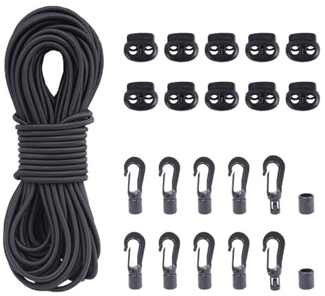 VirtuGro 20M Bungee Cords with Hooks 5MM Elastic Rope with 10pcs Bungee Shock Cord Hooks and 10pcs Plastic Clips for Drawstrings, Heavy Duty Elastic Rope for Tarpaulin Trailer Backpack Tene Luggage