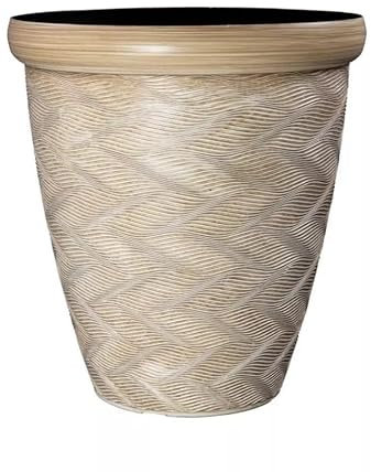 Round Beige Plant Pot 33cm Patterned Rim 14L Tall Woven Garden Indoor Outdoor Planter Cover Drainage Holes, Weather, Frost Proof, Gloss Finish (1)