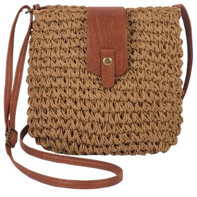 Businey Straw Bag for Women, Summer Straw Beach Bag with Zipper, Women's Beach Crossbody Bags with Adjustable Strap, Bohemian Weave Handmade Handbags for Holiday Beach Travel, Brown