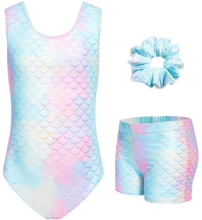 JiAmy Gymnastikanzug Mädchen, Turnanzug Kinder mit Hose Haarband Set, Glänzendes Gymnastik Turnanzug Leotard für 11-12 Jahre