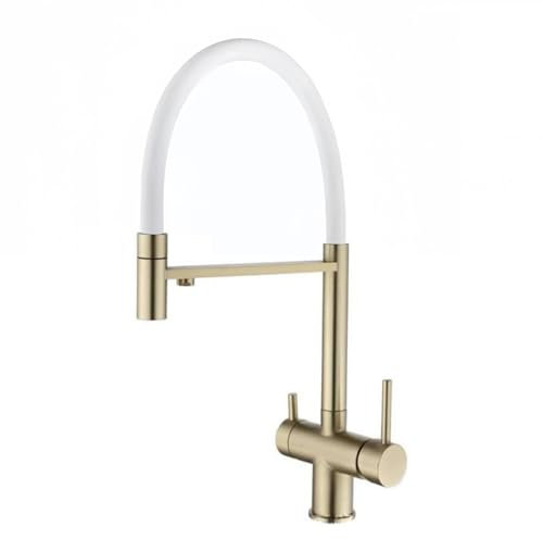 XJTNLB Robinet Cuisine 3 Voies avec Douchette Bec Flexible Mitigeur Evier avec Douchette Or Brossé+Blanc Mélangeur de Cuisine
