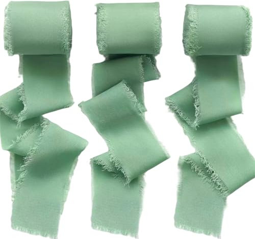 Geschenkband Grün, Schleifenband Eukalyptus Grün, 3 Rollen Grünes Band Chiffonband, Seidenband Satinband Fransenstoffband, Chiffon Stoffbänder für Hochzeitseinladung, Brautstrauß, Geschenkverpackung