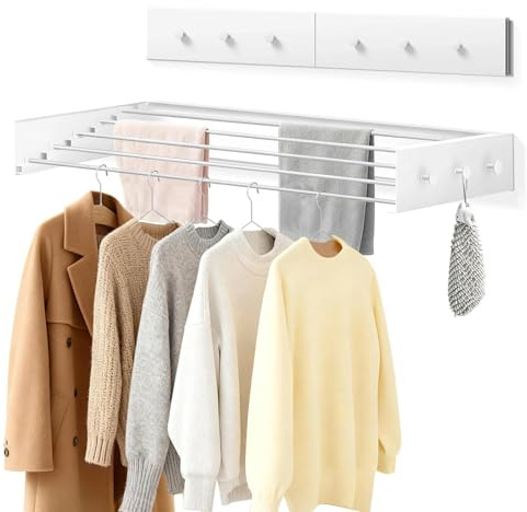 ZCOINS Foldable Wall Mounted Drying Rack for Small Apartments | Space Saving Laundry Clothes Airer, 5 x 80 cm Bars and 6 Hook, Heavy Duty 25kg Capacity