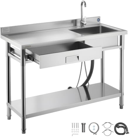 VEVOR Stainless Steel Utility Sink, Rolling Single Bowl Commercial Kitchen Sink with Drawer, Faucet and Hot & Cold Water Pipe, Utility Basin for Garage, Restaurant, Laundry, 47.2 x 19.7 x 37 in