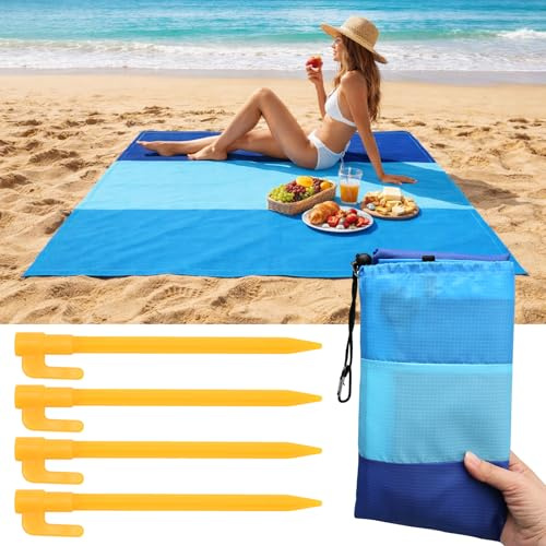 Juibao Stranddecke Sandfrei 210 x 200 cm, Strandmatte Wasserdicht mit Befestigungsnägeln und Tasche, Tragbare Faltbare Stranddecke Picknickdecke für Strand, Camping, Picknick
