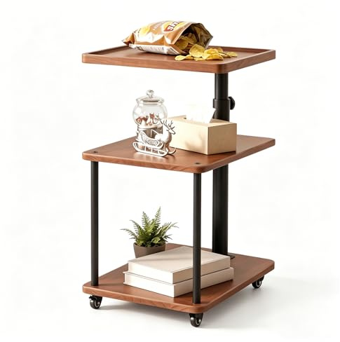Bingyouth Beistelltisch auf Rollen mit Bremse, höhenverstellbar & 360° drehbar – Beistelltisch Couch/Side Table mit 3 Ablagen, stabilem Rohr, Massivholz-Tischplatte Konkave