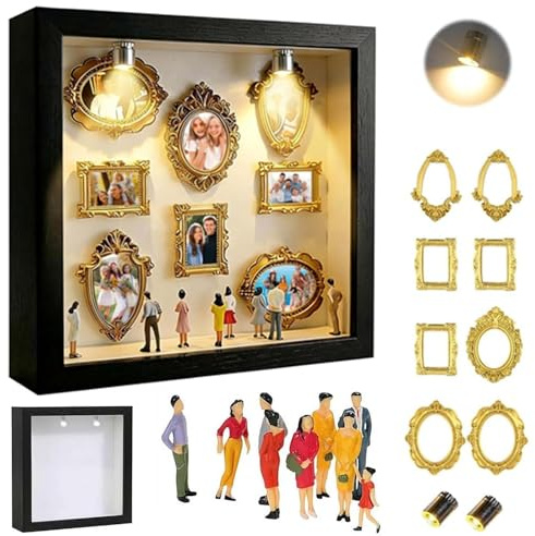 Bukbas DIY Mini Museum Bilderrahmen, Mini Menschen Figuren Museum, Vintage Foto Bilderrahmens mit Golden Rahmen & Miniatur Menschen, Bilderrahmen mit LED Licht für Jubiläum, Hochzeit und Home Decor