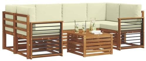 vidaXL Sofagarnituren 7 pcs Natur und Creme Massivholz Akazie, Garten-Sofa-Eckgarnitur, strapazierfähiges Lounge-Möbel, modernes Patio-Set für chilliges Terrassenleben