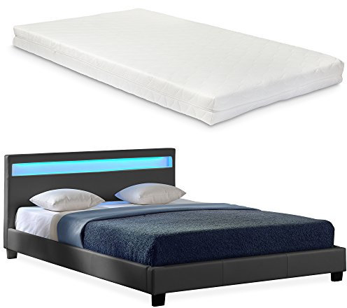 Corium LED Polsterbett 'Paris' - 140 x 200 cm - Dunkelgrau Kunstleder - mit Lattenrost und Matratze