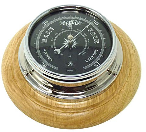 Tabic Prestige Traditional Chrome Barometer With A Jet Black Dial and Solid English Oak Mount, Heavy Brass Case (1/2kg), Electroplated with Chromium Handmade in England