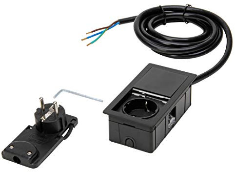 Kopp by ASA 939662016 VersaHIT Mono Einbau-/Tischsteckdose mit Tastendruck-Deckel zum Einbau in Möbel/Arbeitsflächen, 1 x Schutzkontakt-Steckdose, 2 m Anschlusskabel, 3400W/16A, Matt schwarz
