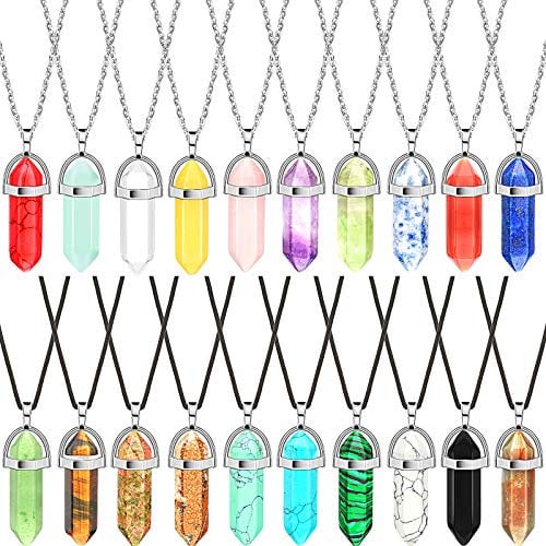 Hicarer 20pcs Mixed Color Hexagonal Chakra Stone Pendant Necklace Set with 20in Chain & 18in Leather Cord