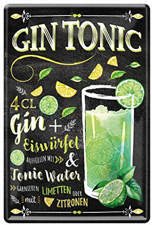 helges-shop Gin Tonic Cocktail Rezept Blechschild - Retro Deko Schild - Metallschild zur Dekoration von Küche Beach Bar Pub Kellerbar Lounge Kneipe - Anleitung zum Cocktail Longdrink Mixen - 20x30cm