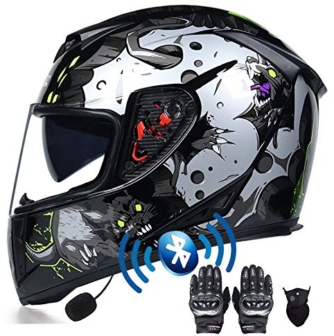 Motorcycle Bluetooth Helmet, Full Face Motorbike Helmets with Gloves Mask, Dual Anti-fog Visors Helmet ECE Approved, Built-in Mp3 FM Radio Integrated for Adult 55-64CM