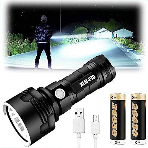 XLM-P70 Lampe de poche LED lumens élevés, lampe de poche étanche haute puissance 30000-100000 lumens, USB Rechargeable, 3 modes d'éclairage -Pour le camping, les urgences(50W XLM-P70, Double batterie)