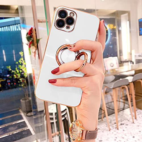 OWM iPhone 12 Pro Max Case with Ring Holder Pop Stand Magnetic Back Silicone Shockproof Gold Edge Luxury Girls Women Protective Phone Cover Compatible for iPhone 12 Pro Max 6.7 inch (White Pearl)