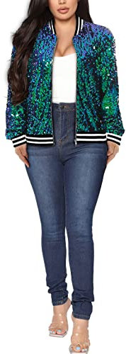 Yutuwomsfushi Damenjacke mit langen Ärmeln, Pailletten, offener Front, Reißverschluss und gerippten Bündchen, Meerjungfrau, L