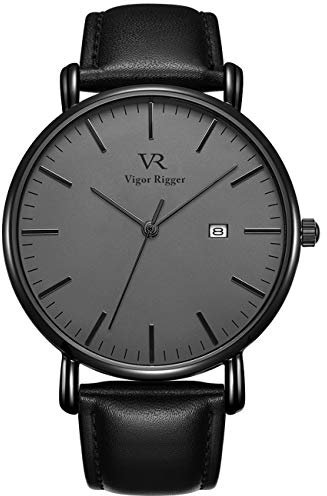 BUREI Vigor Rigger Klassische minimalistische ultradünne Armbanduhr mit weichem Lederarmband und Datumsanzeige