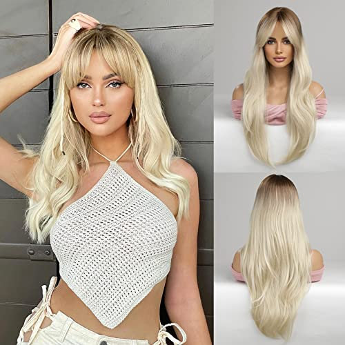 Honygebia Perücke Platinblond mit Pony - Hellblonde Perücken für Damen, Ombre Lange Gerade Gewelltes, Frauen Natürliche Realistisches Synthetische Hitzeresistente Haar für Karneval/Kostüme/Mottoparty