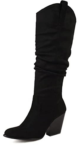 Lroey Reoly Stivali da Donna a Metà Polpaccio con Tacco a Blocco, Stivali da Cowboy Semplici Senza Chiusura Stivali Alti Tacco Medio Appuntito 308 Nero Numero 43 EU