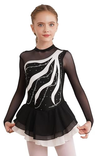 iEFiEL Mädchen Eiskunstlauf Kleid Langarm Glitzer Ballettkleid Swing Kleid Schaukel Tanzkleid Turnanzug Kinder Tanzkostüme Za Weiß 140