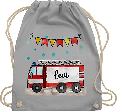Turnbeutel Rucksack - Feuerwehrauto Motiv I Leiterwagen Geschenk Feuerwehr I Löschzug - Unisize - Hellgrau - beutel für wechselkleidung kinder kinderturnbeutel kindergarten jugendfeuerwehr name