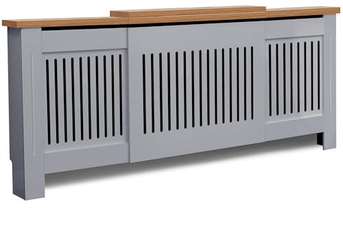 Radiator Cover, Adjustable Radiator Cover Grey Painted MDF Wood Radiator Heating Cover Vertical Slat Cabinet Shelf Living Room Furniture (W 140-204 x H 83.2 x D 19 cm)