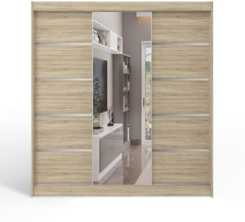 ML Furniture D6 Schiebetüren Kleiderschrank 200 cm mit Spiegel - Schlafzimmermöbel, Aufbewahrung - Mehrzweckschrank - Farbe: Sonoma - 3 Schiebetüren
