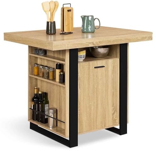 IDMarket - Ilot central PHOENIX 110 cm madera y negro con almacenamiento
