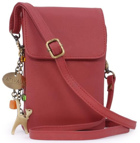 Catwalk Collection Handbags - Leather Phone Bag For Women - Small Flapover Crossbody Bag - Adjustable Strap - Billie - Red