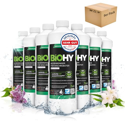 BiOHY Nettoyant pour sols pour robots de nettoyage avec une senteur fraîche de printemps (9 x 1l Bouteille) | Concentré de nettoyant pour tous les robots de nettoyage (Wischroboter Frühling)
