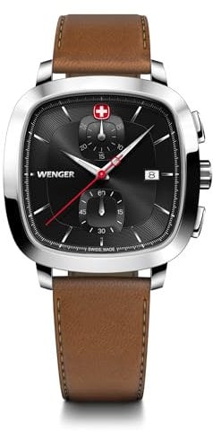 WENGER Herren Armbanduhr Vintage Classic Chrono Ø 40 mm, Swiss Made, Analog Quarz, Wasserdicht bis 50 m, Kunstleder-Armband, Schwarz/Braun, 01.1933.102