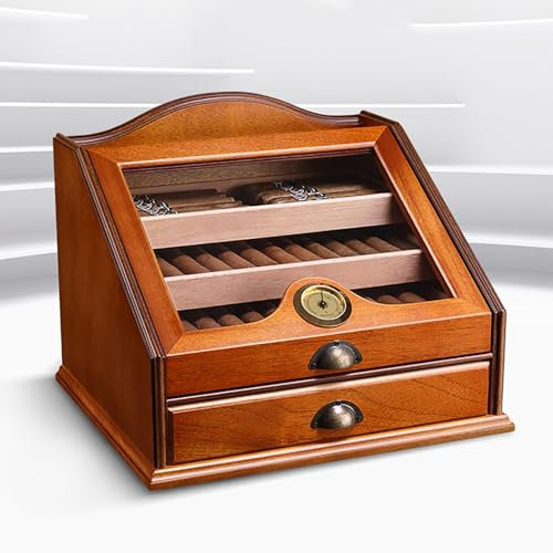 Handgefertigter Humidor Zigarren, Zigarren Humidor mit Digitalem Hygrometer und Humidor mit Glasplatte, Zedernholz-Humidor-Zigarrenkiste mit 3 Zedernholzregalen und Schubladen, für 100 Zigarren