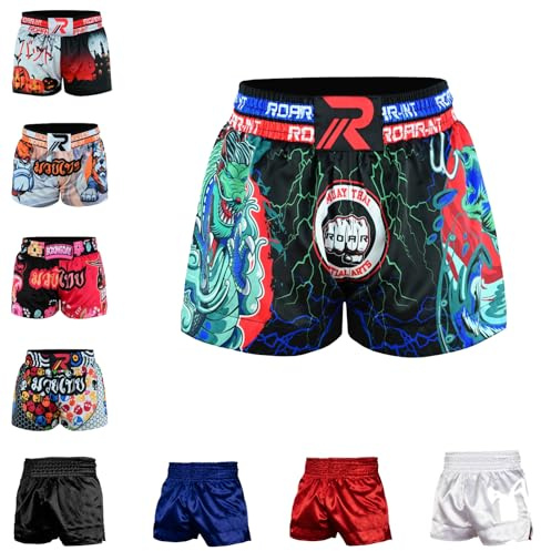 ROAR-INT Kid's Muay Thai Shorts Martial Arts MMA Kickboxing Shorts for Boys Girls Boxing Trunks Shorts (US, Alpha, Medium, Regular, Dragon, Regular Fit)
