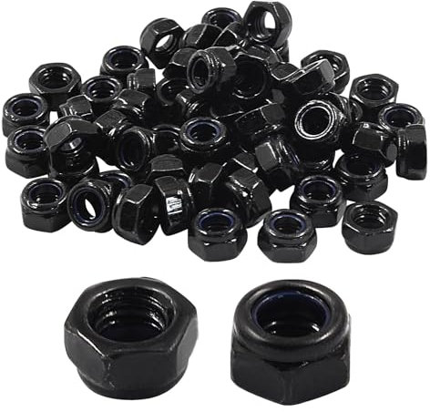 Hitefu Dadi di bloccaggio esagonali M5 x 0,8 mm, in nylon nero, antiscivolo, in acciaio al carbonio, dadi autobloccanti per elementi di fissaggio, 60 pezzi