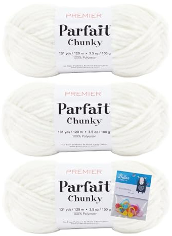 Premier Yarns Parfait Chunky - 3.5 oz - #6 Super Bulky Weight - 3 Pack with Bella's Crafts Stitch Markers (Cream)