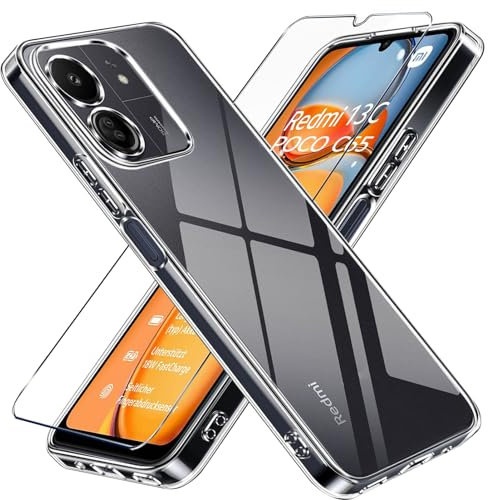 Hülle Transparent Weich handyhülle für Xiaomi Redmi 13C/POCO C65/Redmi 13 C Hülle,1panzerglas und 1hülle Schutzhülle Bumper Cover Silikon gel für Redmi 13C/POCO C65/Redmi 13 C Hülle durchsichtig